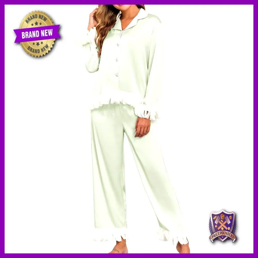 Silk Blend Pajama Set Long Sleeve Button Up Lounge Sleepwear